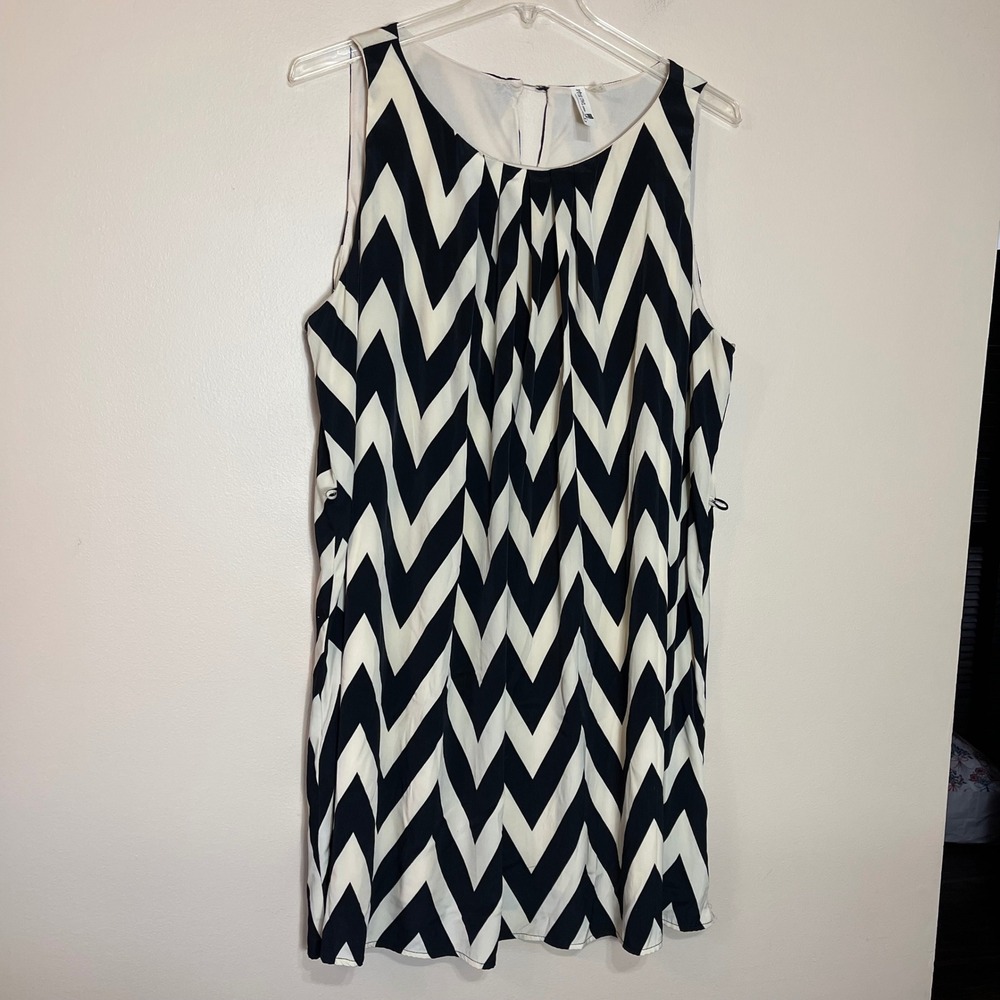 Pink Owl Black Cream Chevron Sleeveless Pleated Neck Shift Dress Womens 3X